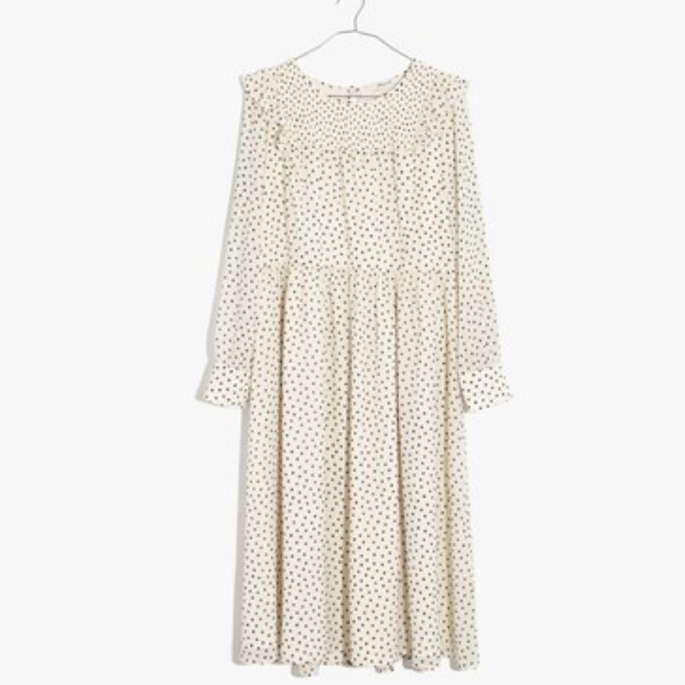 Madewell Smocked Ruffle-Shoulder Midi Dress Dots Med Vintage Inspired Cottage